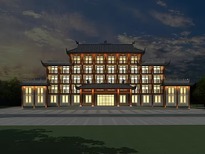 Traditional Chinese Office Building With Classic Roof Design And Nighttime Illumination 3d model