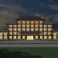 Traditional Chinese Office Building With Classic Roof Design And Nighttime Illumination