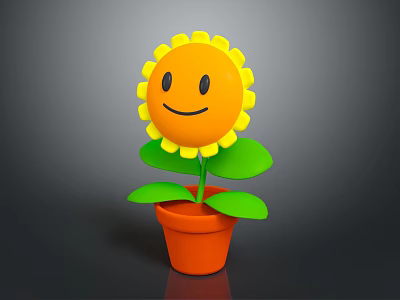 Yellow Sunflower with Smiling Face in Orange Pot and Green Leaves on Gray Background 3d model