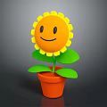 Yellow Sunflower with Smiling Face in Orange Pot and Green Leaves on Gray Background