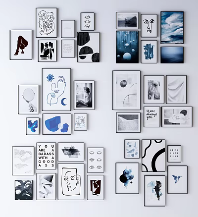 Artistic Photo Wall With Diverse Framed Prints Abstract Geometric Designs And Black White Artworks 3d model