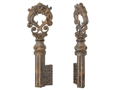 Pair of Decorative Vintage Keys With Intricate Carvings For Home Decor 3d model