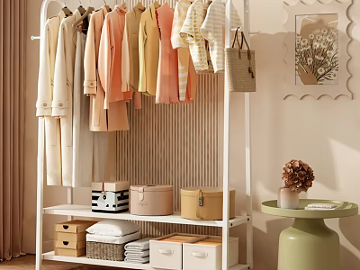 White Clothes Rack Featuring Pastel Colored Hanging Clothes and Storage Shelves with Folded Clothes 3d model