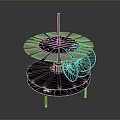 Mechanical Device Model With Blue Fan Blades Black Central Rod Metal Rings And Support Legs