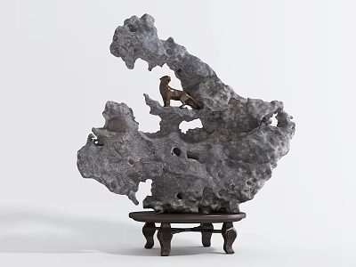 Decorative Stone Ornament With Holes And Small Horse On Wooden Stand Base 3d model