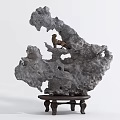 Decorative Stone Ornament With Holes And Small Horse On Wooden Stand Base