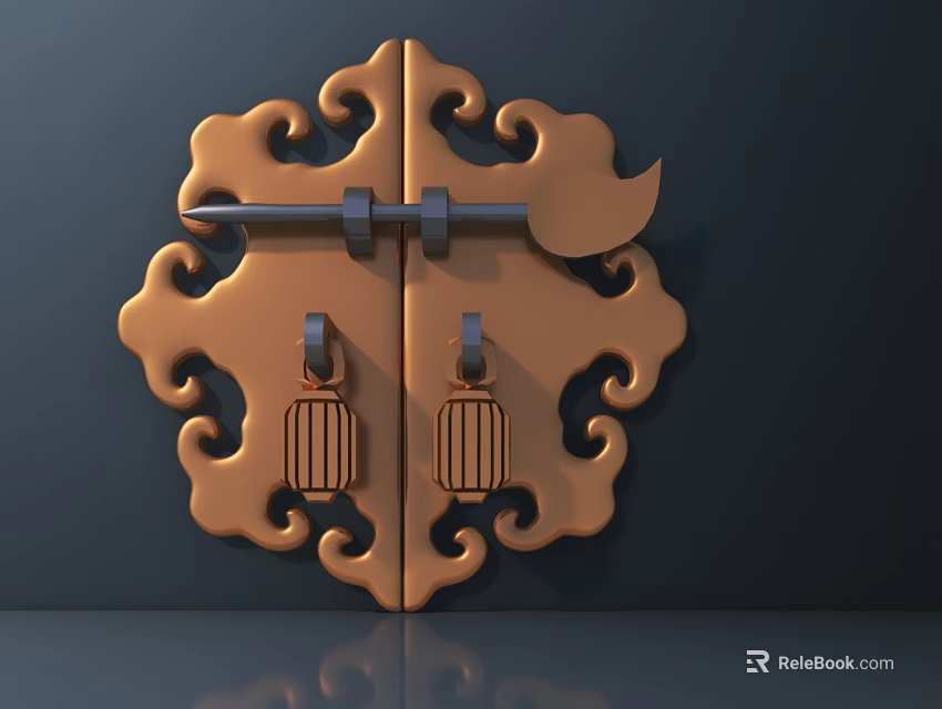 Traditional Chinese Copper Door Handle With Intricate Carved Patterns And Symmetric Traditional Decorations 3d model 