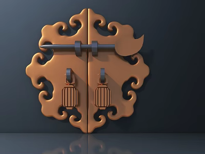 Traditional Chinese Copper Door Handle With Intricate Carved Patterns And Symmetric Traditional Decorations 3d model