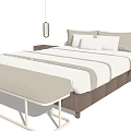 Modern Double Bed With White Sheets Beige Pillows Bench And Bedside Tables 3d model