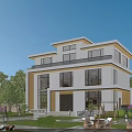 Modern Two Story Detached Villa Exterior With Large Windows And Landscaped Garden