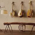 Traditional String Instruments Wall Mounted With Floor Lamp And Wooden Zither Stand
