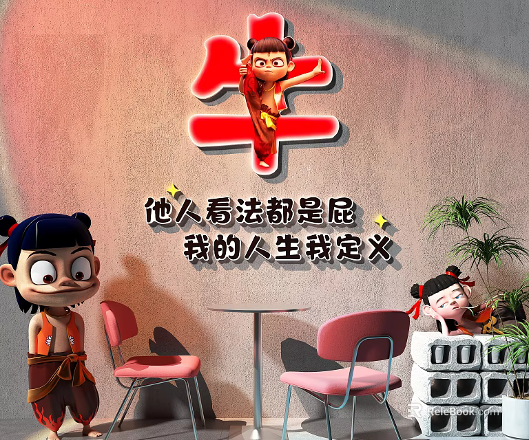 Cozy Bubble Tea Shop Interior with Cartoon Characters Red Niu Character Pink Chairs and Plants 3d model 