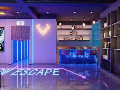 Escape Room Bar With Neon Lights Blue Lighting Bar Counter High Stools Shelves Floor Projection 3d model