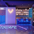 Escape Room Bar With Neon Lights Blue Lighting Bar Counter High Stools Shelves Floor Projection