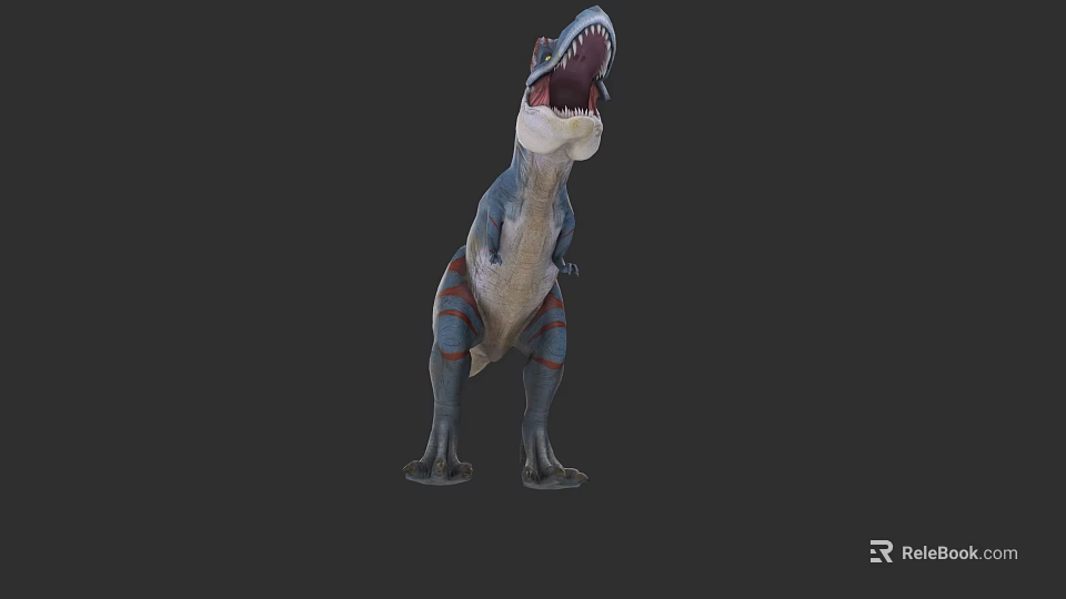 Life like Reptile Dinosaur Sculpture With Open Mouth And Striped Body In Standing Posture 3d model 