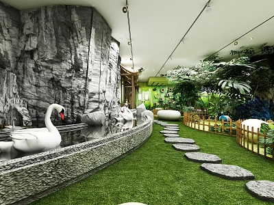Magical Playground Featuring Rock Wall Swan Sculptures Water Pool Grass Stepping Stones And Lush Plants 3d model
