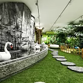 Magical Playground Featuring Rock Wall Swan Sculptures Water Pool Grass Stepping Stones And Lush Plants