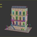 Wooden Multi Storey Building Model With Blue Roof External Stairs And Street Lamps