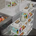 White Multi Tiered Kitchen Shelves Featuring Dinnerware Set Fresh Fruits Vegetables And Condiment Bottles