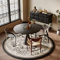 Round Dining Table Set With Matching Chairs On Round Rug And Window Blinds 3d model