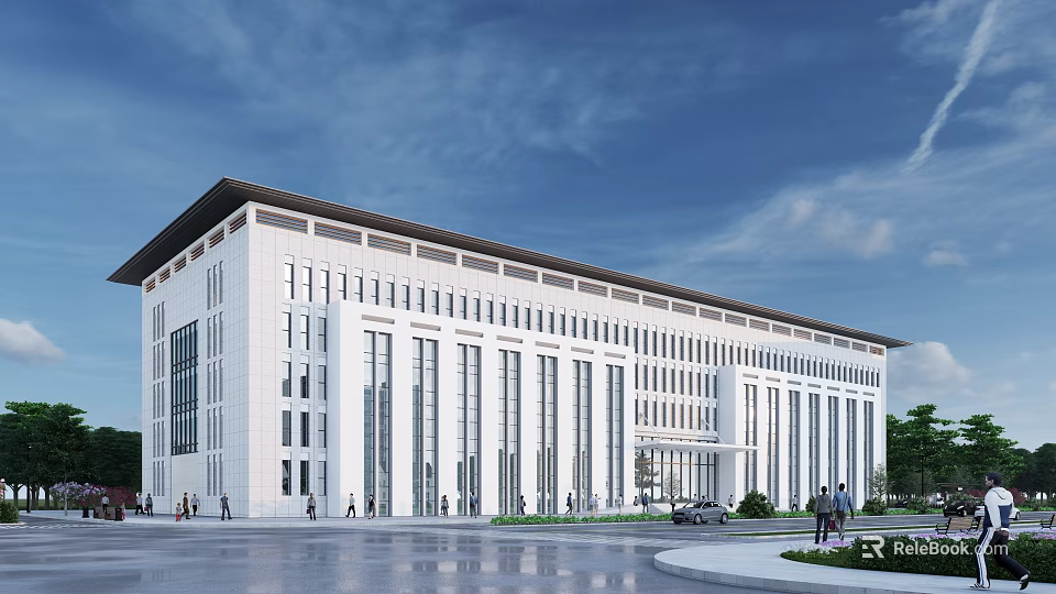 Elegant Modern Office Building Exterior With White Facade And Large Glass Windows 3d model 