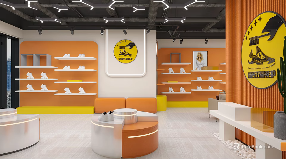 Bright Shoe Store Interior With Orange Yellow Decor White Shoe Shelves Sofa And Round Table 3d model 