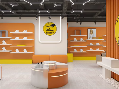 Bright Shoe Store Interior With Orange Yellow Decor White Shoe Shelves Sofa And Round Table 3d model