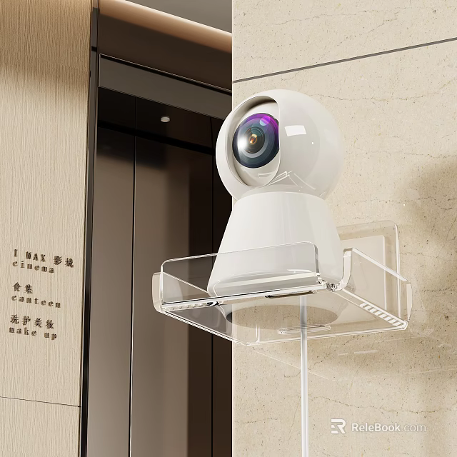 Elevator Hallway Interior Featuring Security Camera on Transparent Shelf Beige Wall and Elevator Door 3d model 
