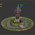 Magical Tower Structure With Round Grass Base Water Pond Wooden Bridge And Cloud Decoration