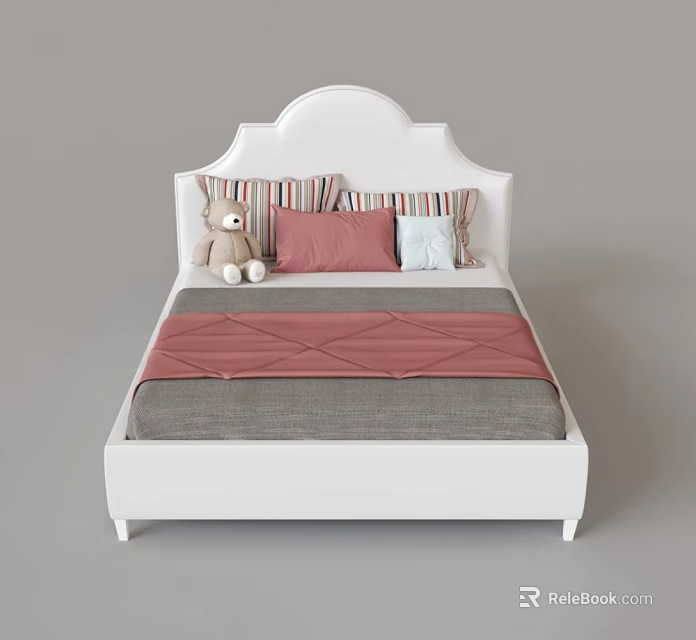 White Double Bed With Pink And Grey Diamond Pattern Quilt Striped Pillows And Teddy Bear 3d model 
