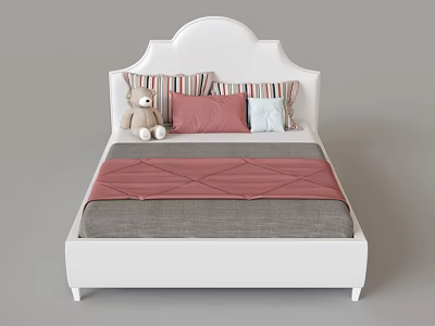 White Double Bed With Pink And Grey Diamond Pattern Quilt Striped Pillows And Teddy Bear 3d model