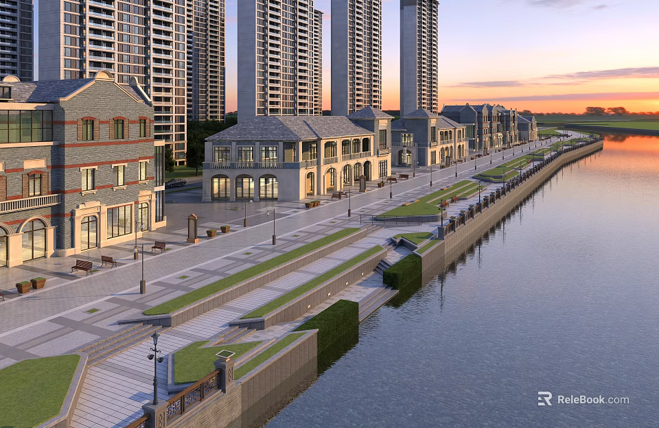 Riverside Commercial Street With Modern Buildings Pedestrian Walkway And Street Lamps At Sunset 3d model 