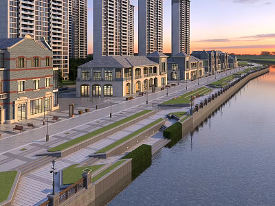 Riverside Commercial Street With Modern Buildings Pedestrian Walkway And Street Lamps At Sunset 3d model