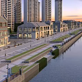 Riverside Commercial Street With Modern Buildings Pedestrian Walkway And Street Lamps At Sunset