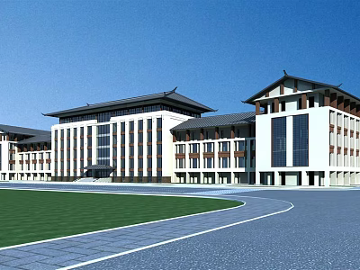 Traditional And Modern Office Building With White Facade Large Windows Front Lawn And Curved Road 3d model