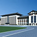 Traditional And Modern Office Building With White Facade Large Windows Front Lawn And Curved Road