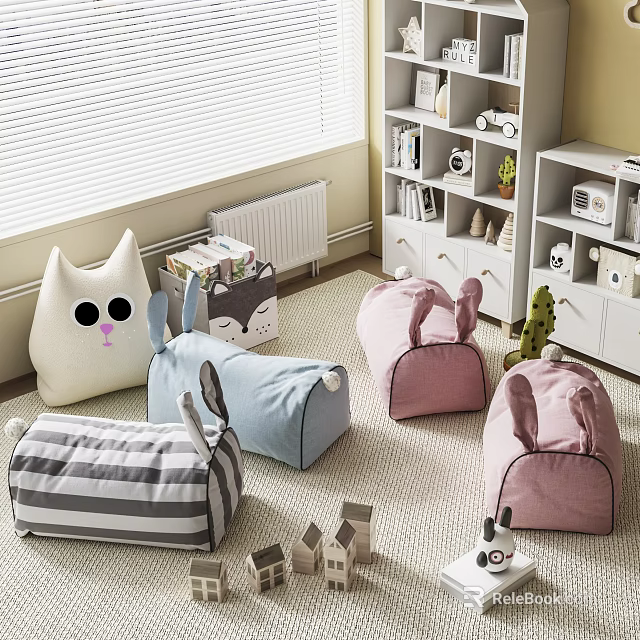 Cute Soft Fabric Kids Chairs With Bunny Ears Design Striped Gray Blue Pink For Children's Playroom 3d model 