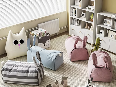 Cute Soft Fabric Kids Chairs With Bunny Ears Design Striped Gray Blue Pink For Children's Playroom 3d model