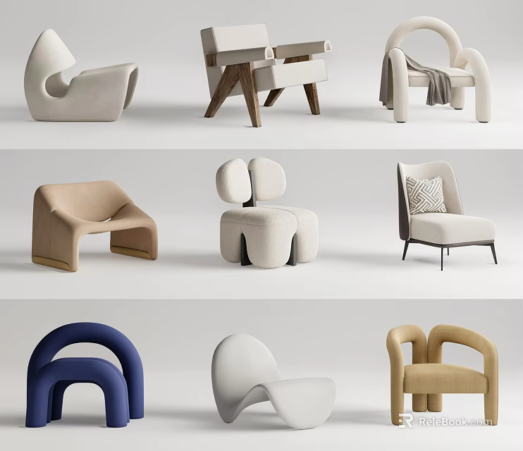Contemporary Stylish Leisure Chairs Featuring Ergonomic Curved Design And Upholstered Fabric In Neutral Tones 3d model 