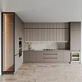 Modern Kitchen Interior With Gray Striped Cabinets Marble Island And Built In Appliances