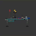 Teal L Shaped Workbench With Tools Paint Palette And Desk Lamp