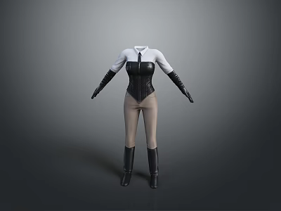 Elegant Women's Outfit With White Shirt Black Corset Beige Pants Long Gloves And Boots 3d model
