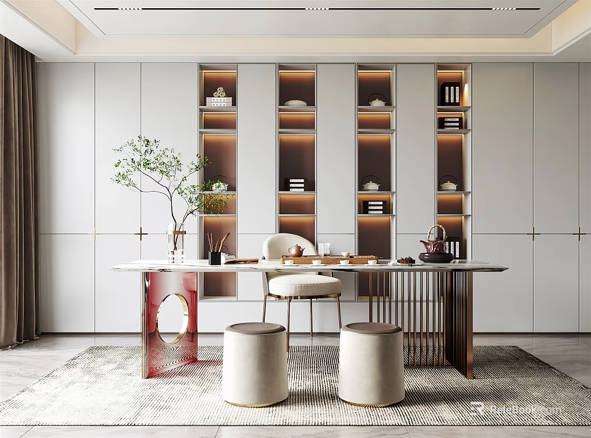 Modern Tea Room Interior With Shelves Tea Sets Long Table Chairs And Round Stools 3d model