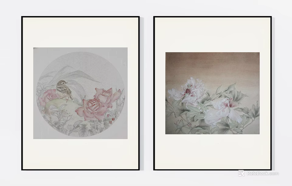 Two Framed Botanical Paintings with Bird Pink Flowers and White Blossoms 3d model 