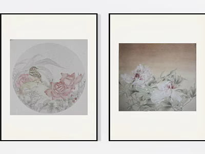 Two Framed Botanical Paintings with Bird Pink Flowers and White Blossoms 3d model