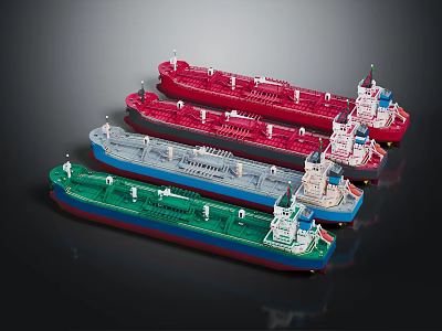 Colorful Model Tanker Ships Arranged in Display with Red Green Blue Colors 3d model
