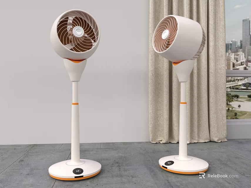 Two Air Cooler Fans with White and Orange Design Standing in Modern Room 3d model 