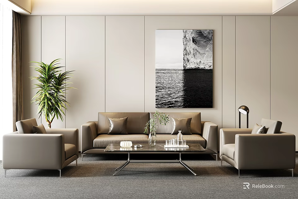 Modern Living Room With Sofa Coffee Table Set Beige Armchairs And Black White Seascape Painting 3d model 