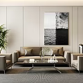 Modern Living Room With Sofa Coffee Table Set Beige Armchairs And Black White Seascape Painting