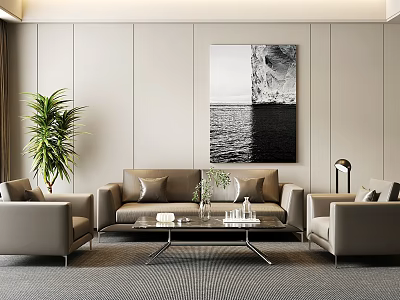 Modern Living Room With Sofa Coffee Table Set Beige Armchairs And Black White Seascape Painting 3d model